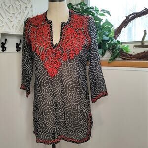 Gretchen Scott Semi Sheer Embroidered Tunic Top in Black/White/Red Size Small